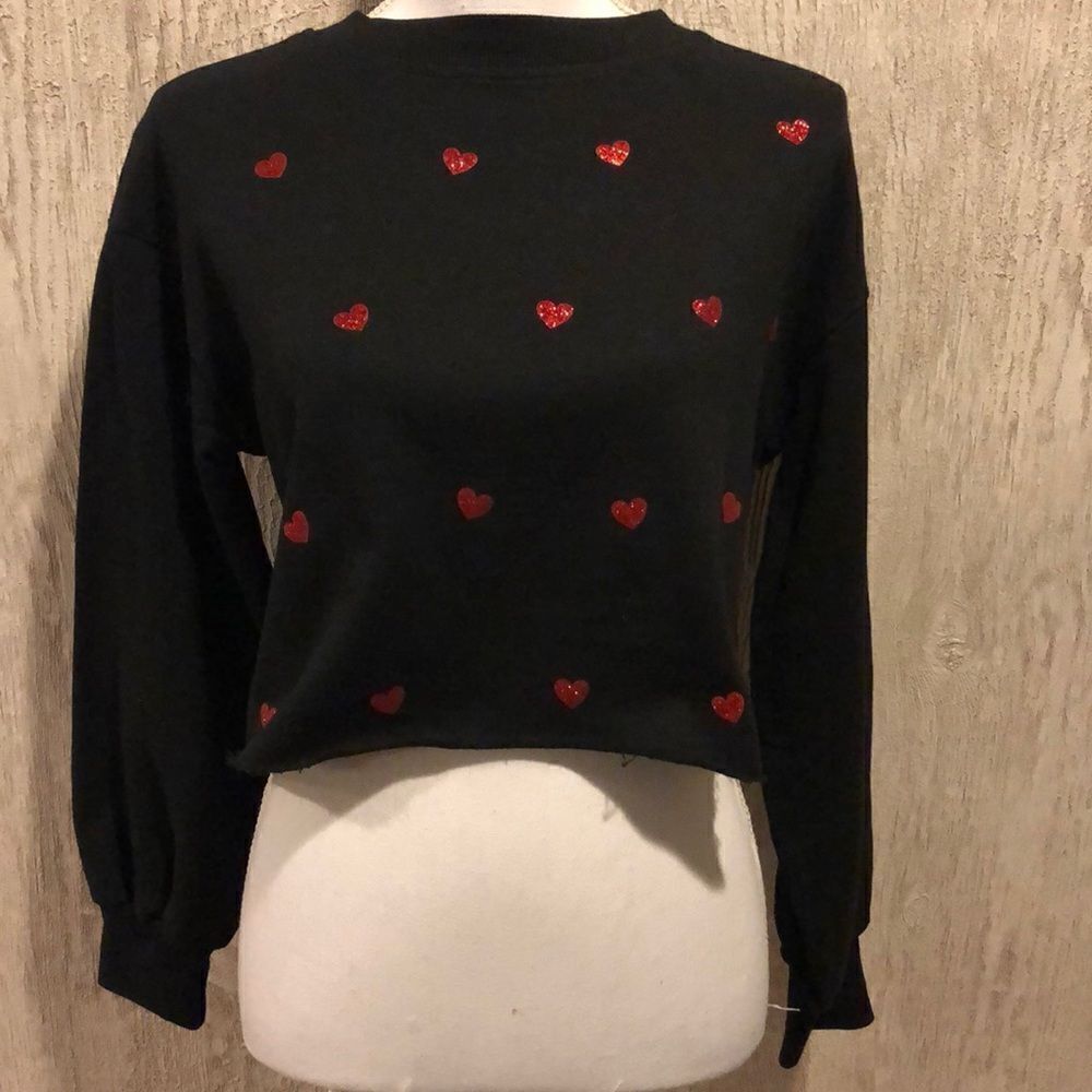 Beach Riot Black Cropped Sweatshirt with Red Glitter Hearts, Size Large